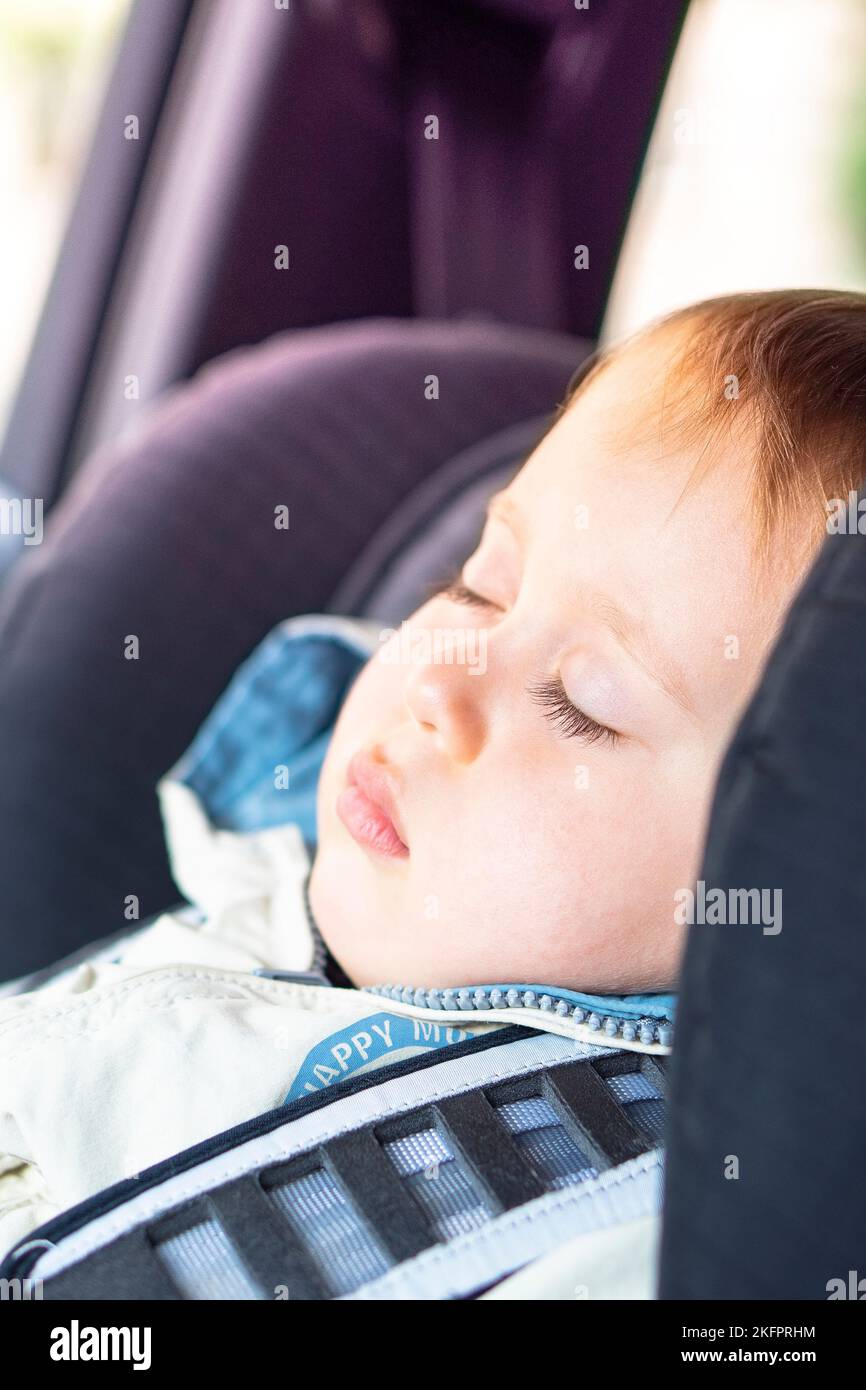 cute little boy sleeping in car seat close view portrait, soft day light Stock Photo