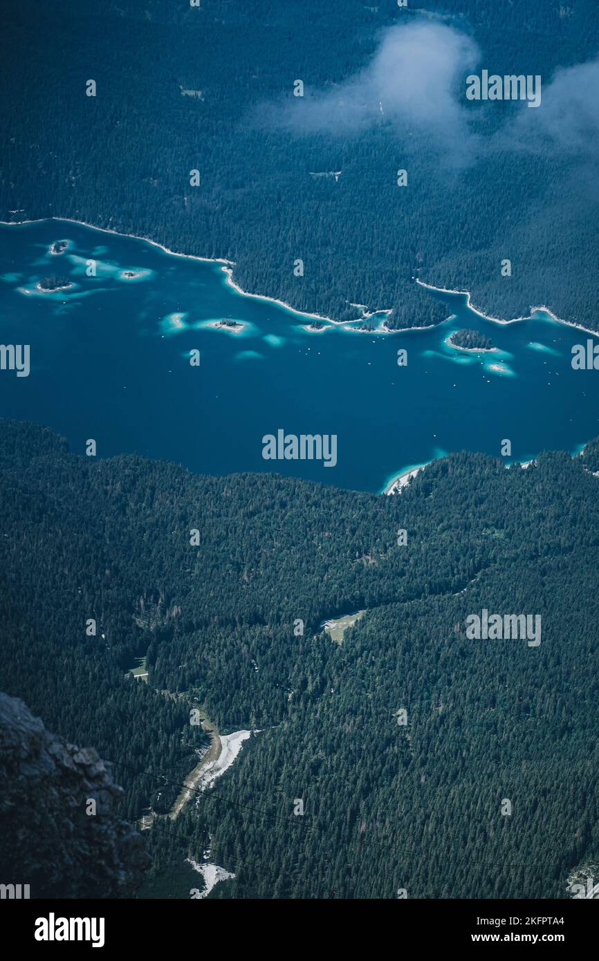 An aerial view of a beautiful eibsee lake with little islands Stock ...
