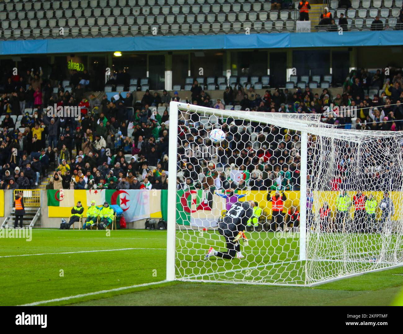 Eleda Stadion, Malmo, Sweden, 19th November 2022;  International Football Friendly Sweden versus Algeria; Algeria keeper Ra&#xef;s M'Bolhi is beaten by the penalty kick of Emil Forsberg of Sweden who scores for 1-0 in the 48th minute of 1st half extra time Stock Photo