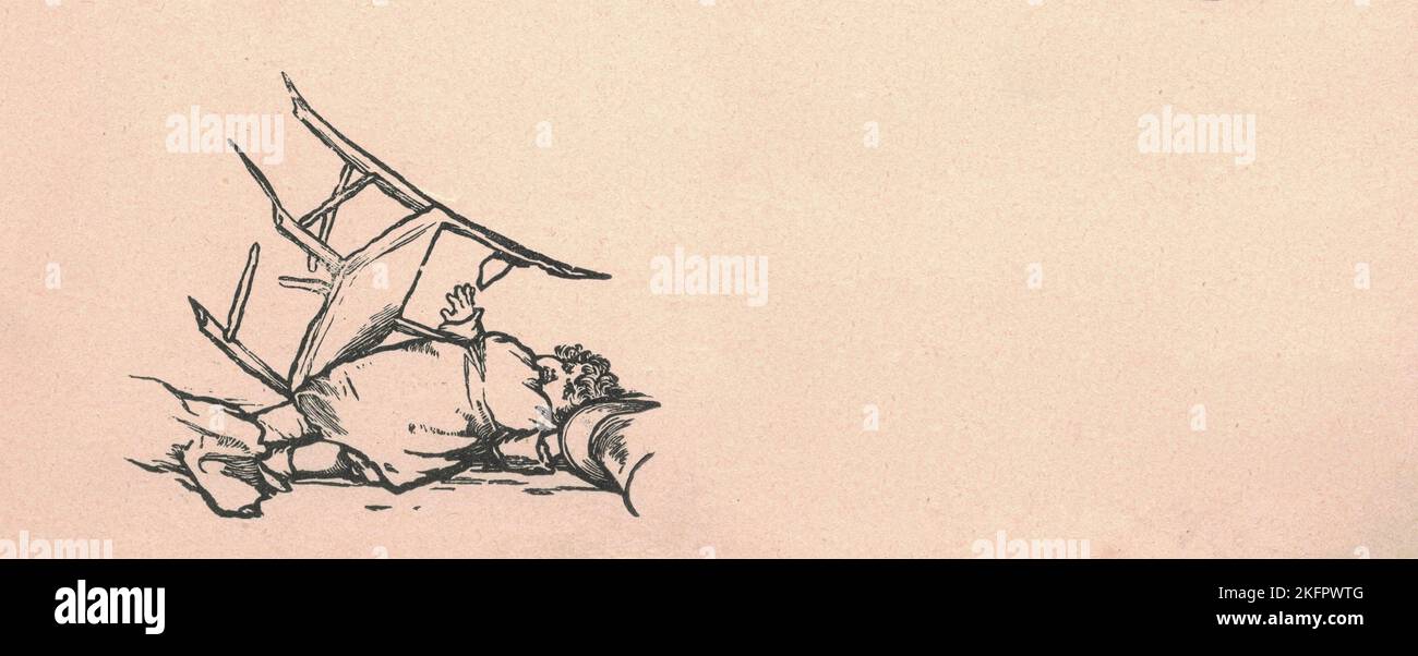 Black and white antique illustration shows a small girl falls down from