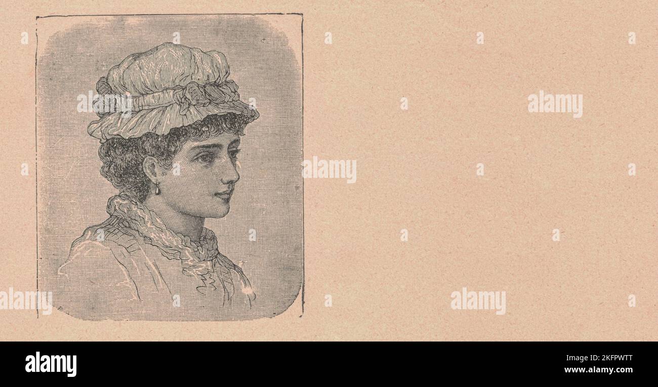 Black and white antique illustration shows a portrait of a young lady ...