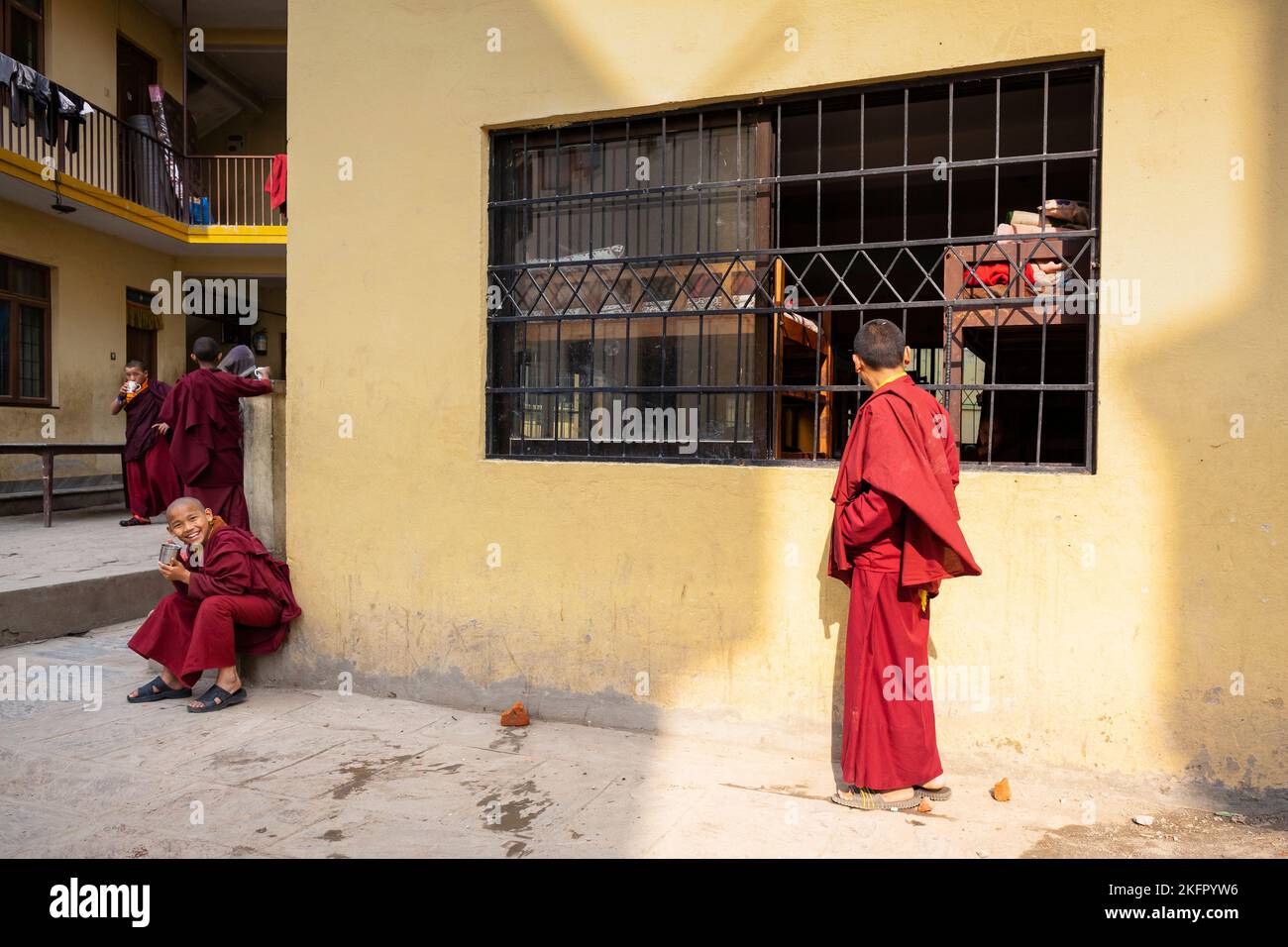 Young monks  from Shechen Tennyi Dargyeling Monastery having a cup of tea. Kathmandu. Nepal. Stock Photo