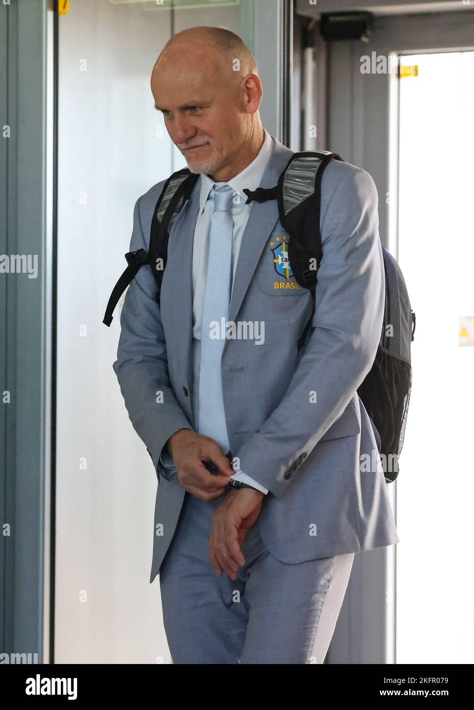 Turin, Italy, 19th November 2022. Claudio Taffarel Brazil goalkeeping coach reacts as he enters the terminal for the team's departure to the Qatar World Cup at Caselle Airport, Turin. Picture date: 19th November 2022. Picture credit should read: Jonathan Moscrop/Sportimage Stock Photo