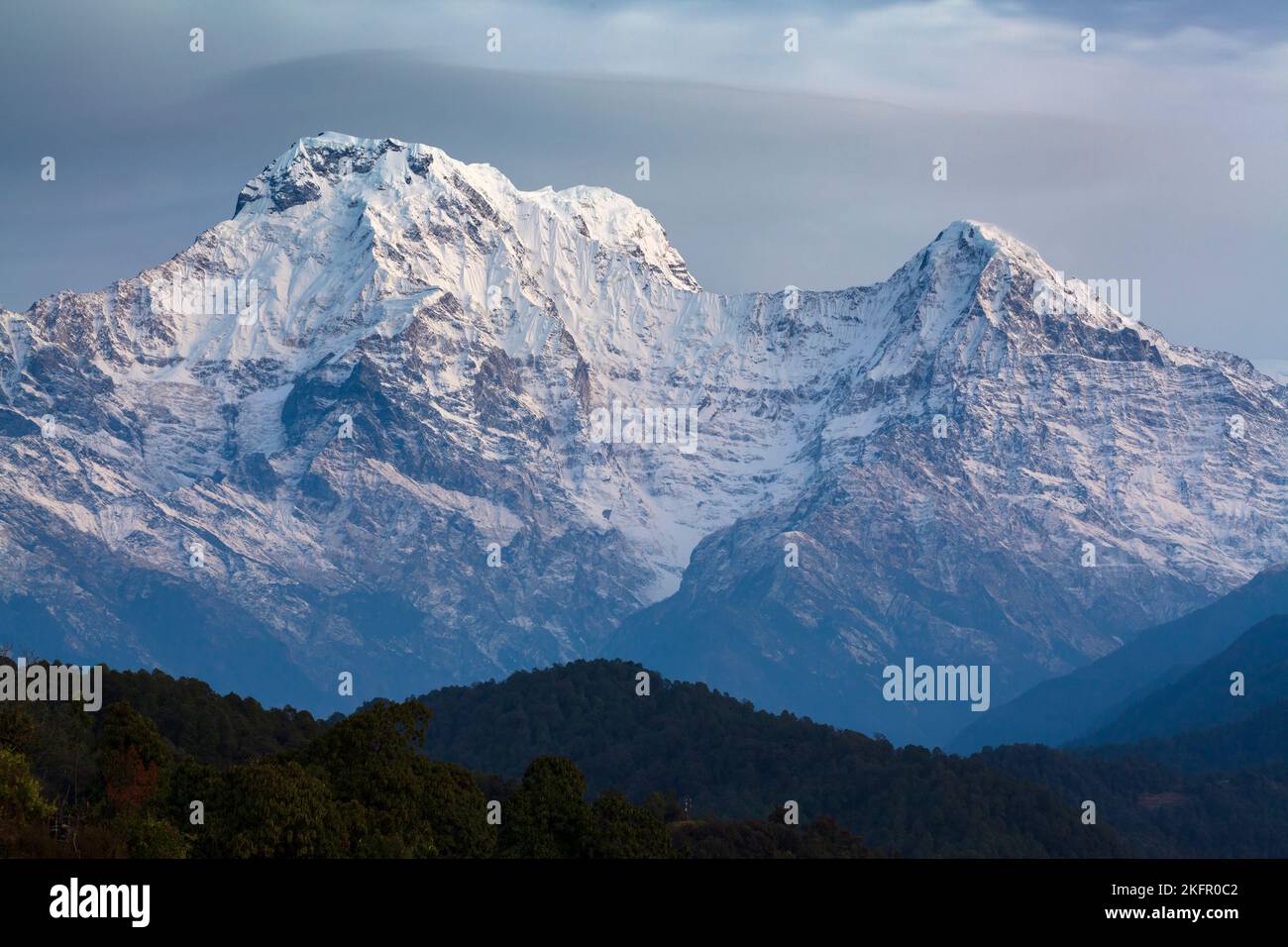 Annapurna South (left) and Hiunchuli (right) from the south. Annapurna Conservation Area. Nepal. Stock Photo