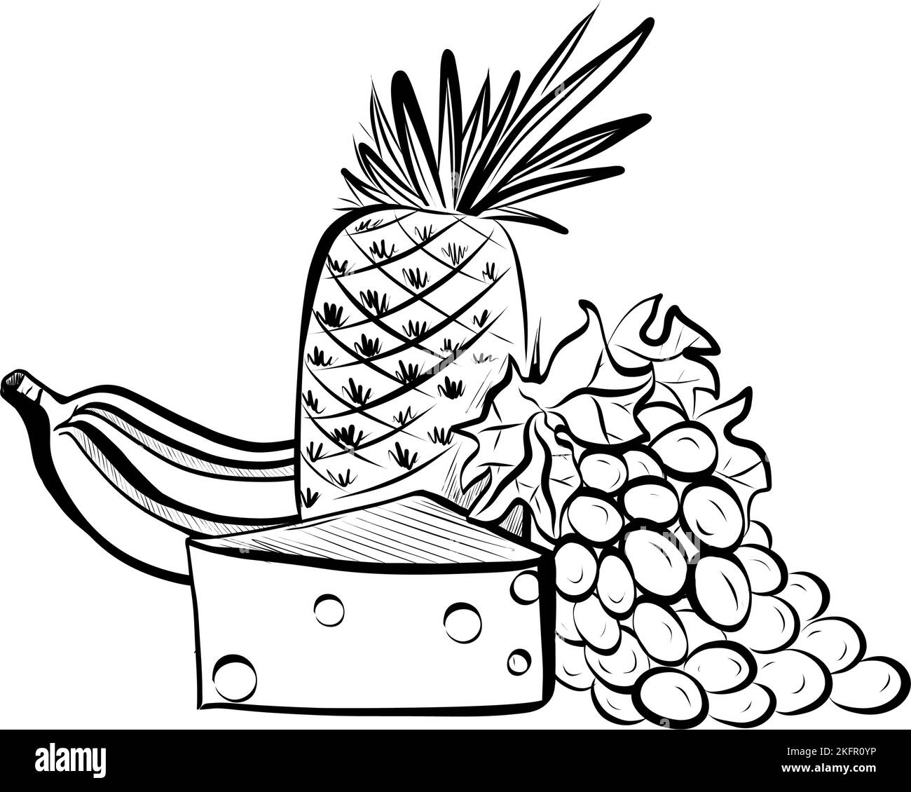 Sketch Illustration of Banana Pineapple Cheese and Grapes. Hand Drawn Icon on White Background Stock Vector