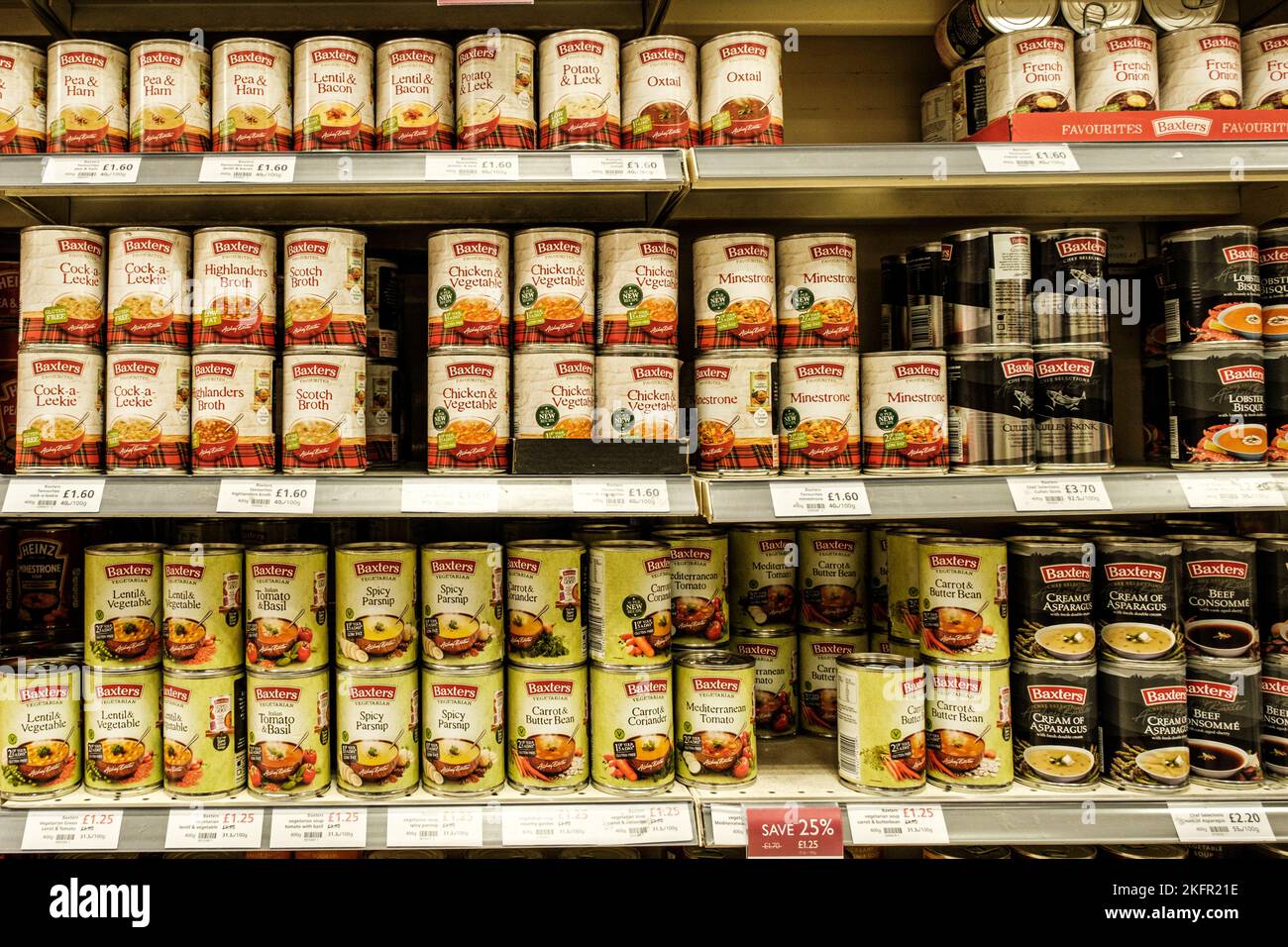 Epsom, Surrey, London UK, November 19 2022, Tins Of Baxters Soups On Shelves In A Waitrose Supermarket With No People Stock Photo