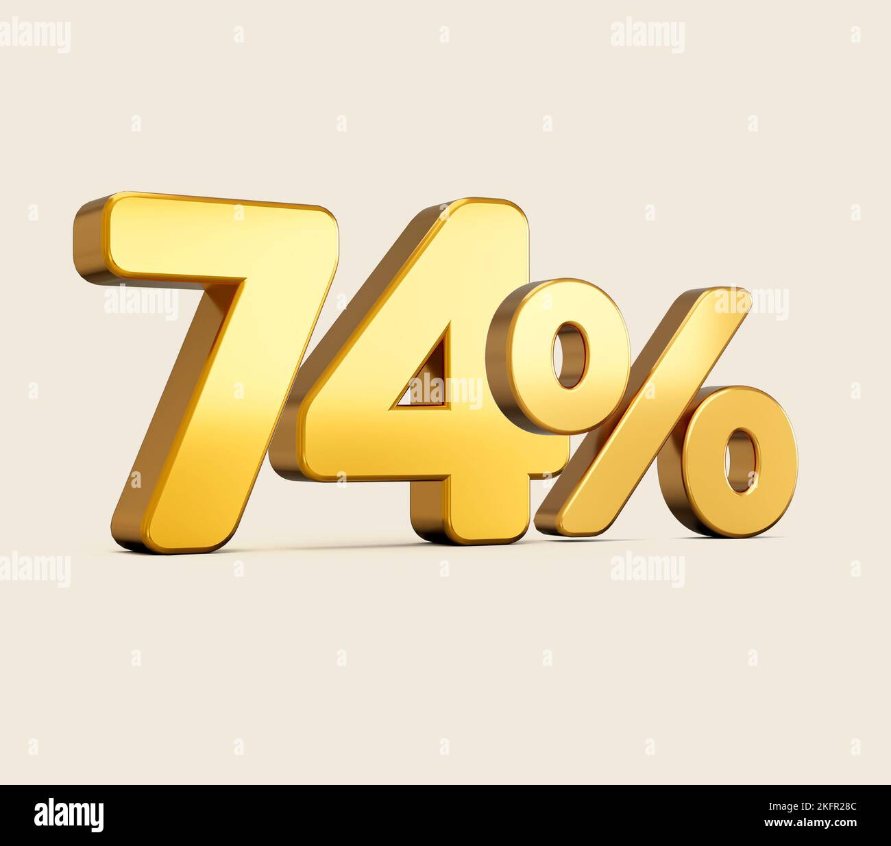 A 3d illustration of golden number 74 percent isolated on beige background with shadow Stock Photo