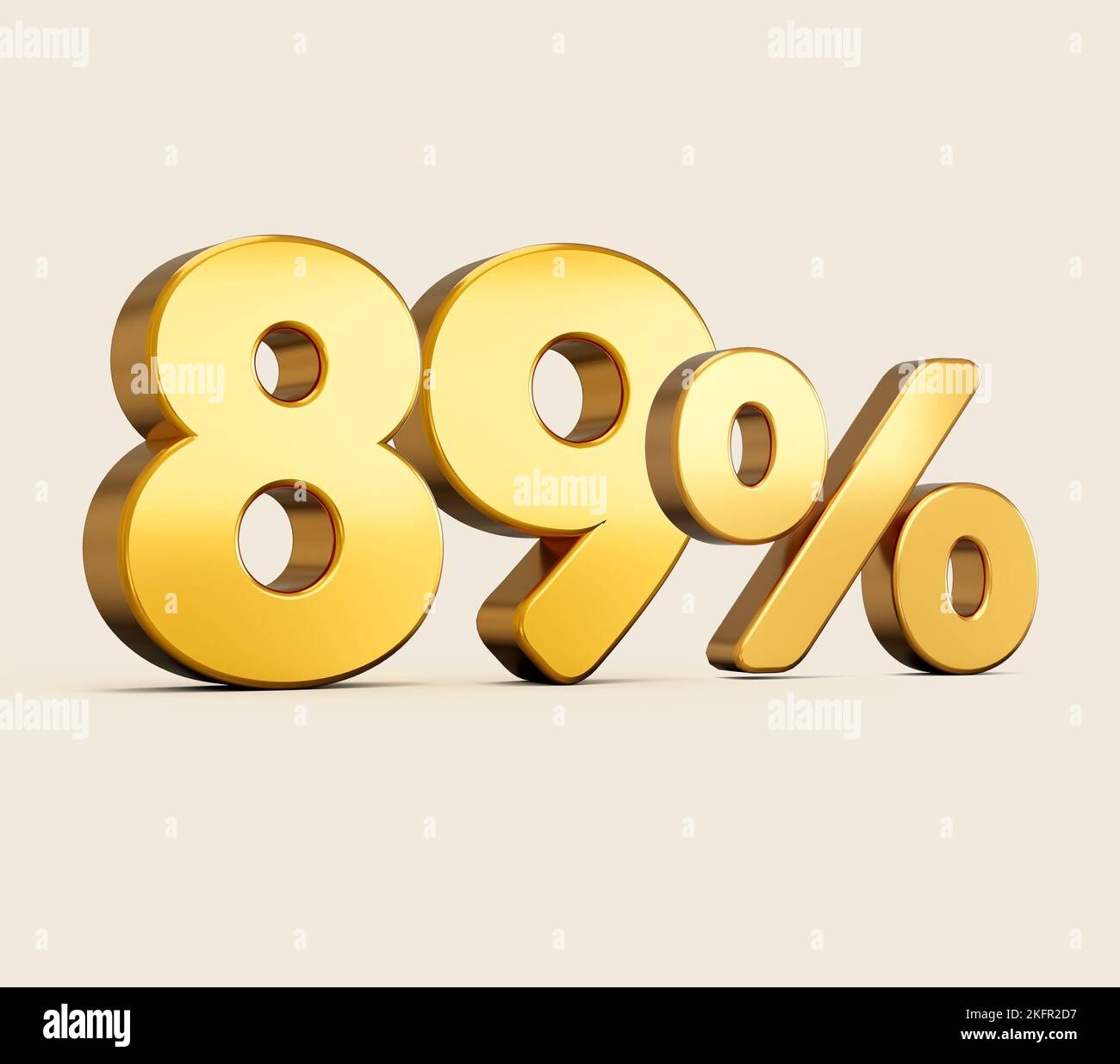 A 3d illustration of golden number 89 percent isolated on beige background with shadow Stock Photo