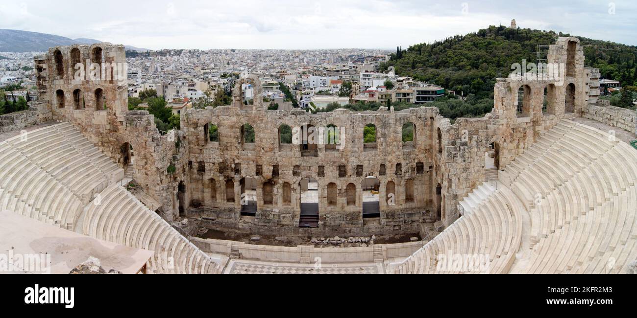 Odeon of Herodes Atticus, aka Herodeion, structure of the Roman theatre on the southwest slope of the Acropolis, panoramic shot, Athens, Greece Stock Photo