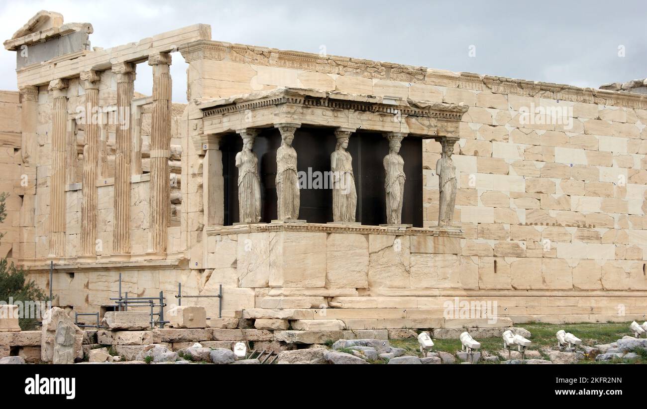 Caryatid porch of the Erechtheion, Temple of Athena Polias, on the north side of the Acropolis, Athens, Greece Stock Photo