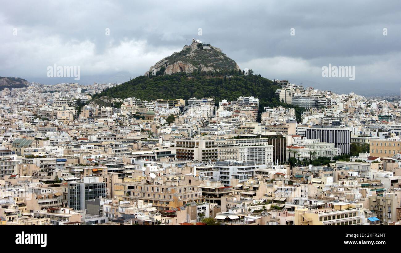 Mount Lycabettus, view from Acropolis on a cloudy day, Athens, Greece Stock Photo