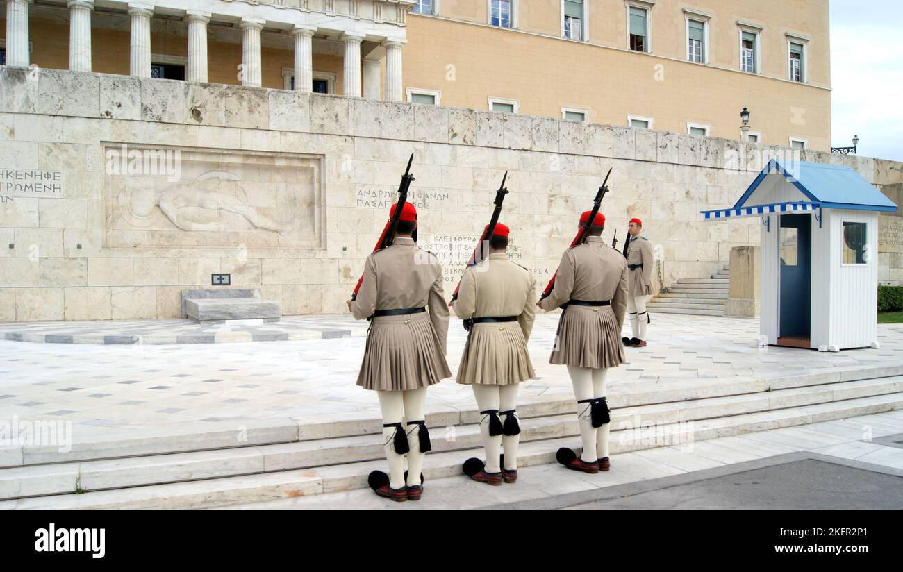 Change of the Guard at the Tomb of Unknown Soldier, by the Parliament building, Athens, Greece Stock Photo