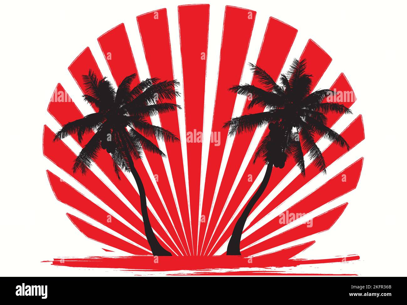 two black coconut trees with red rays in the background and a white background Stock Vector