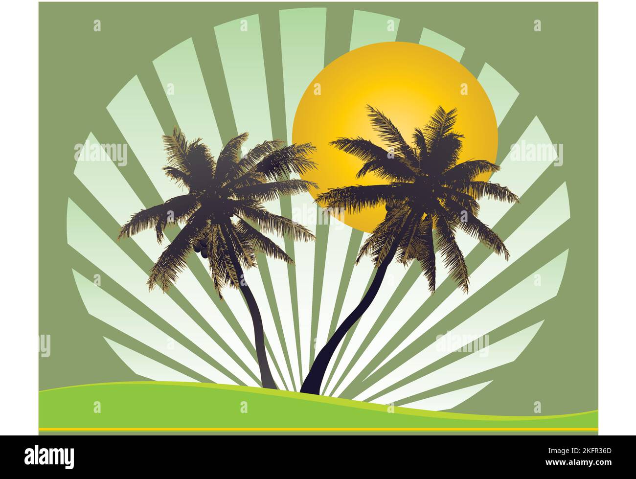 two brown and gold edge coconut trees with moon and rays in the background and a green background Stock Vector