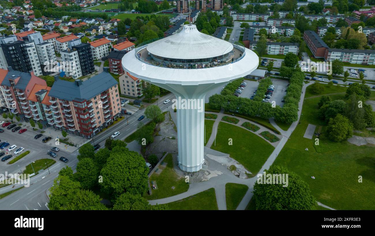 An aerial drone shot of the mushroom-shaped Watertower in Orebro, Sweden Stock Photo