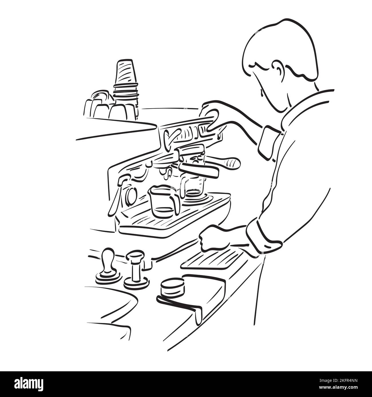 male barista making a cup of coffee using espresso machine illustration vector hand drawn