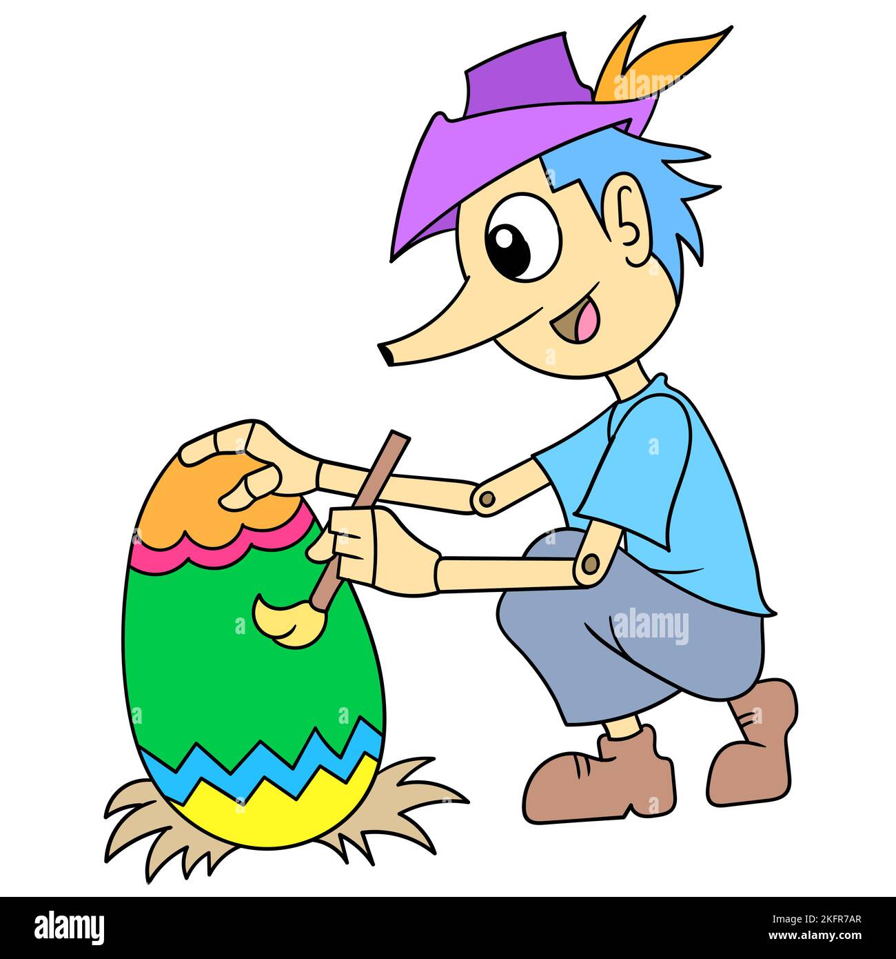 A vector illustration of a cute cartoon character drawing an Easter egg ...