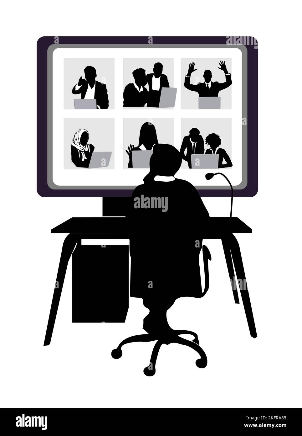A vertical editable vector of a man looking at a screen with people in front of laptops in his office Stock Vector