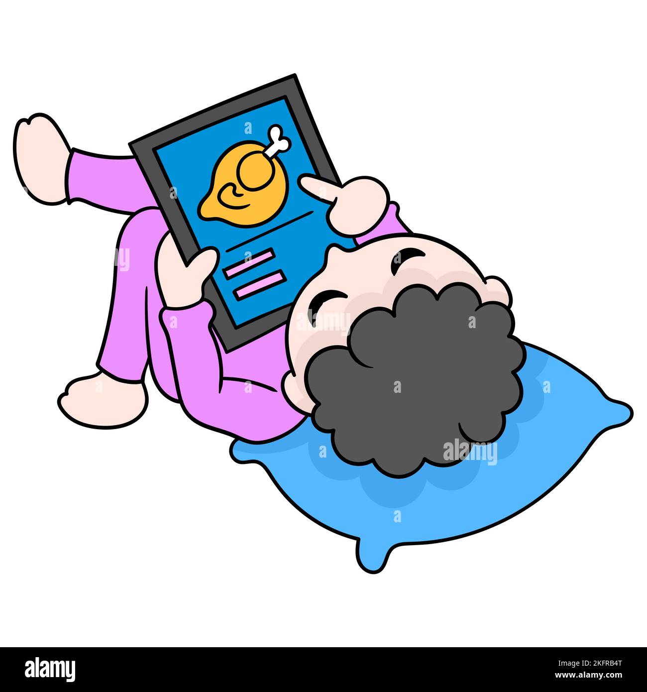 A vector illustration of a cute cartoon boy using a tablet while laying ...