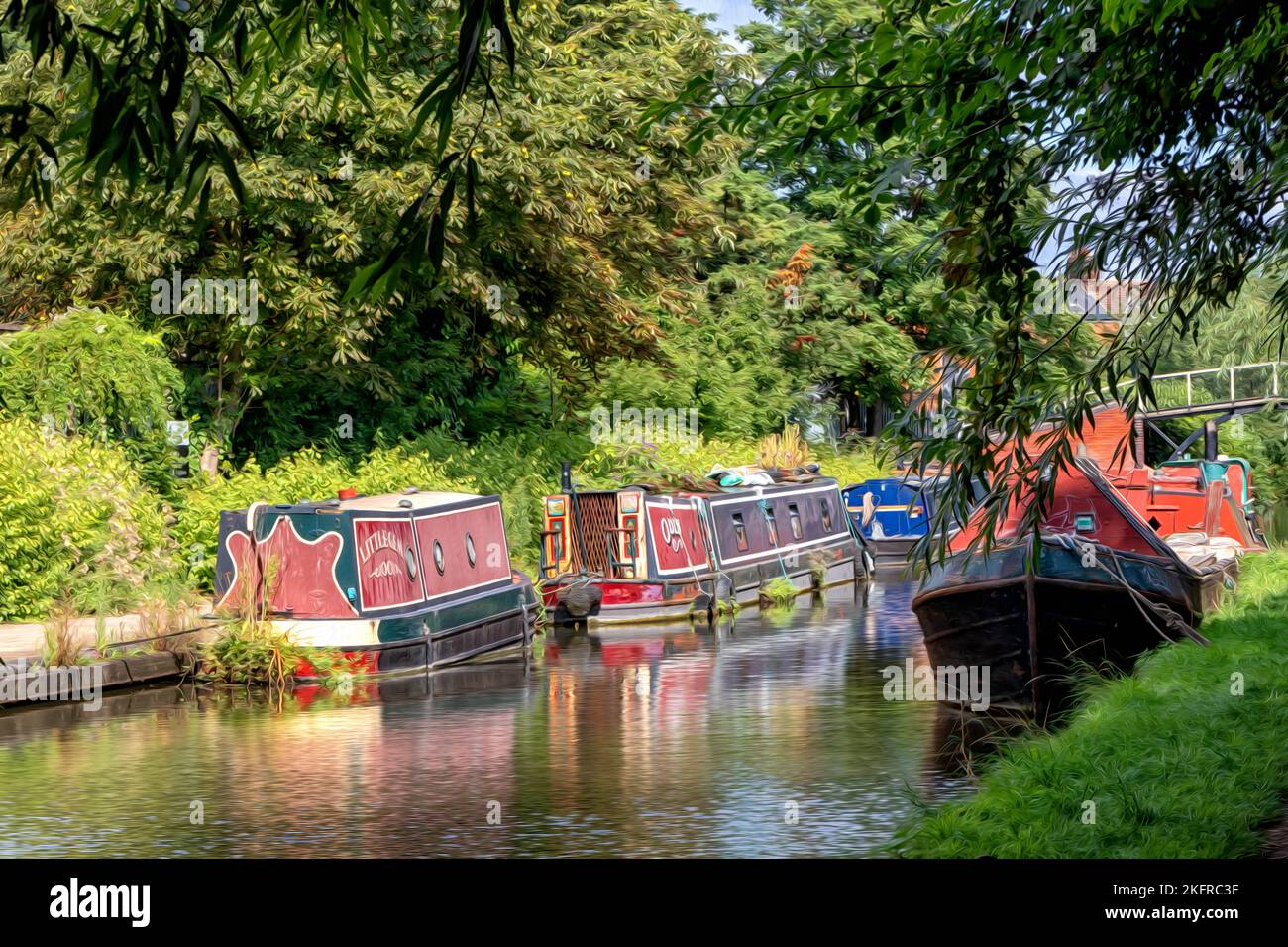 Narrowboats on the Grand Union Canal, Aylesbury, Buckinghamshirem England - Digital oil paint Stock Photo