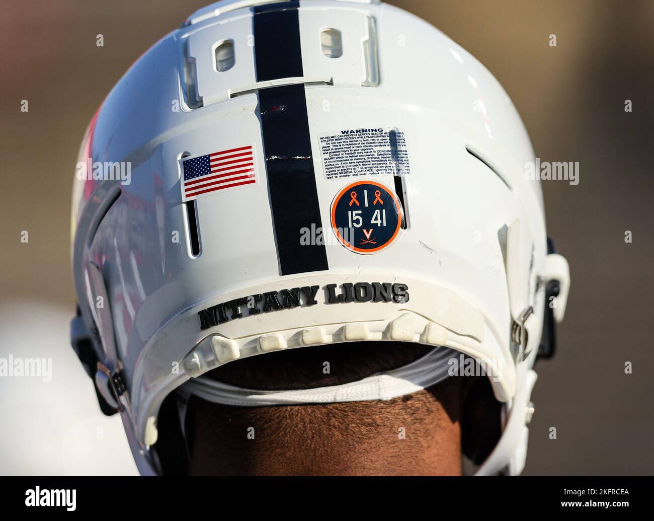 Piscataway, NJ, USA. 19th Nov, 2022. Players wore stickers on their helmets to honor the University of Virginia football players that were killed earlier in the week during a NCAA football game between the Penn State Nittany Lions and the Rutgers Scarlet Knights at SHI Stadium in Piscataway, NJ. Mike Langish/Cal Sport Media. Credit: csm/Alamy Live News Stock Photo