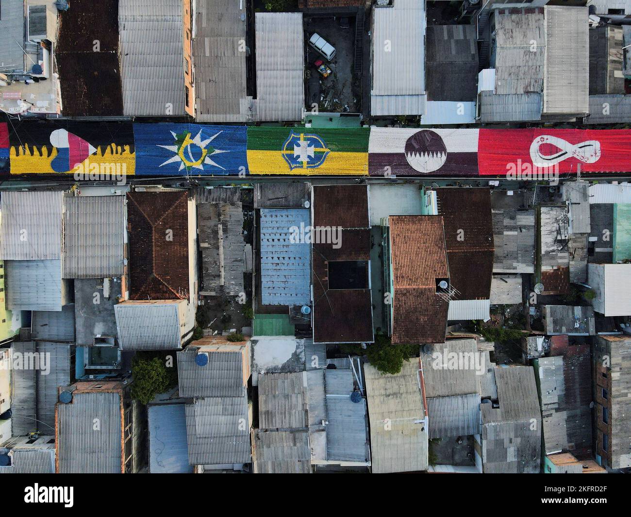 An aerial view of a street decorated for the upcoming 2022 FIFA World Cup Qatar, in the Alvorada neighborhood in Manaus, Amazonas state, Brazil November 19, 2022. REUTERS/Bruno Kelly     TPX IMAGES OF THE DAY Stock Photo