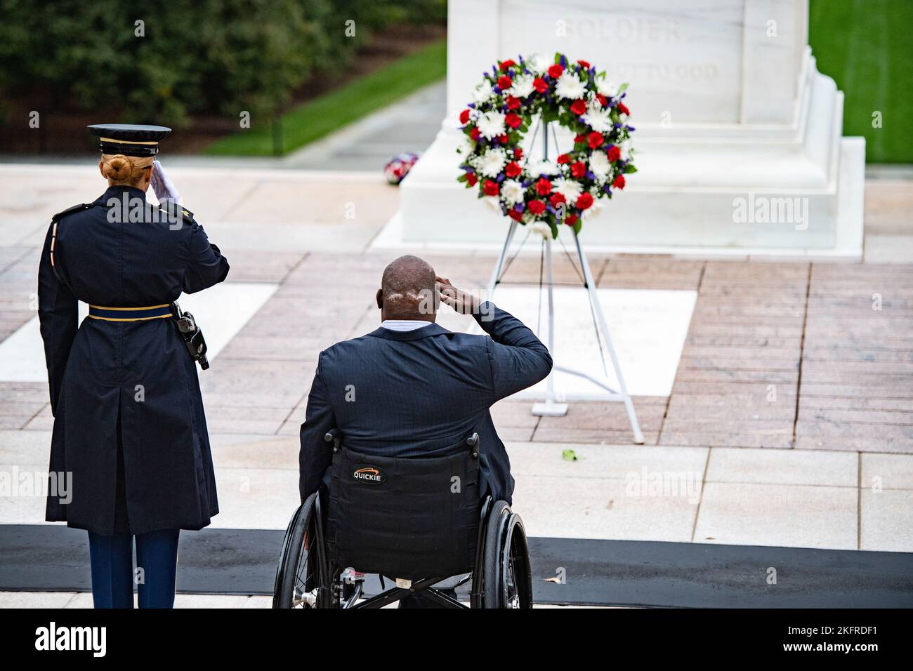 U.S. Army Col. (ret.) Gregory Gadson participates in a Public Wreath-Laying Ceremony at the Tomb of the Unknown Soldier, Arlington National Cemetery, Arlington, Va., Oct. 4, 2022. Gadson was at ANC to speak to employees as part of the National Disability Employment Awareness Month. Gadson has dedicated himself to the work of Wounded Warriors, veterans, and other groups who support employment and betterment of person with disabilities. Stock Photo