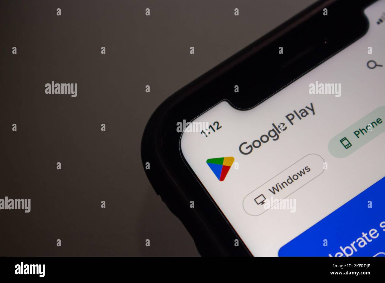 Logo of Google Play Store is seen in smartphone. Google Play, (Google Play Store)  is a digital distribution service operated and developed by Google. Stock Photo