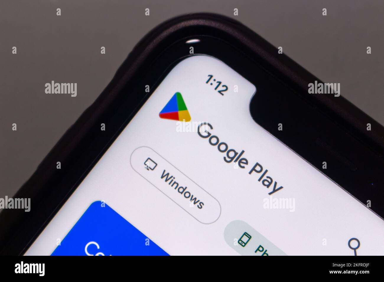 Logo of Google Play Store is seen in smartphone. Google Play, (Google Play Store)  is a digital distribution service operated and developed by Google. Stock Photo