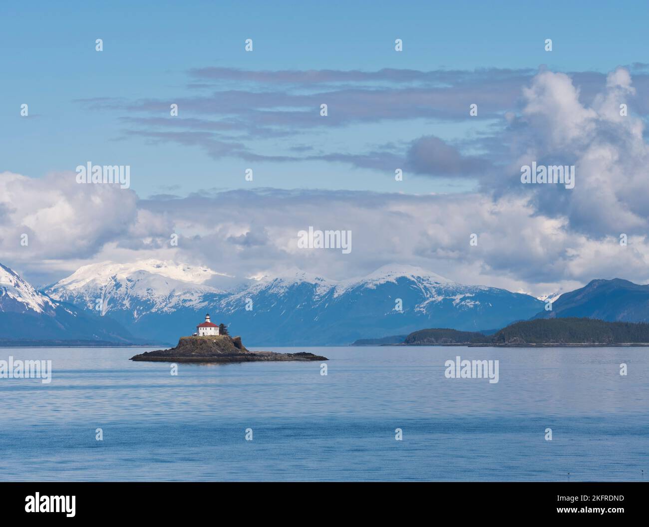 Eldred Rock Lighthous on a beautiful day with clouds in the Lynn Canal in Southeast Alaska. Stock Photo