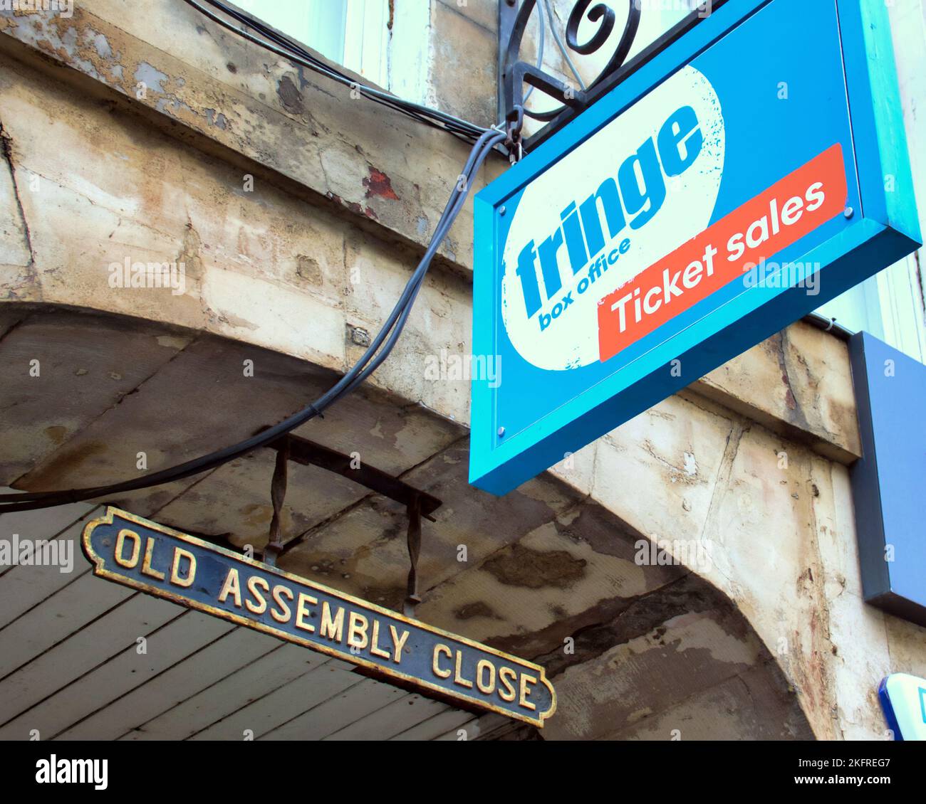 Edinburgh Fringe ticket office sign at old assembly close on the royal mile Stock Photo