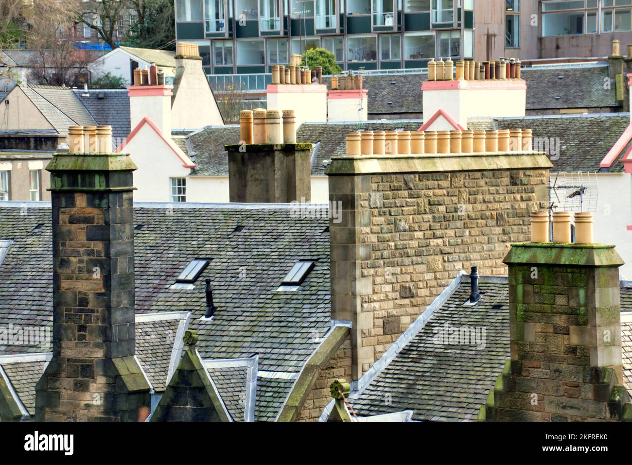 Aerial view of Rooftops and chimneys of the grassmarket Edinburgh, Scotland, UK Stock Photo