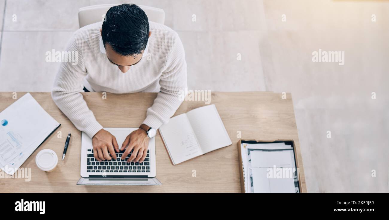 Business man, home office and computer working of a digital employee in