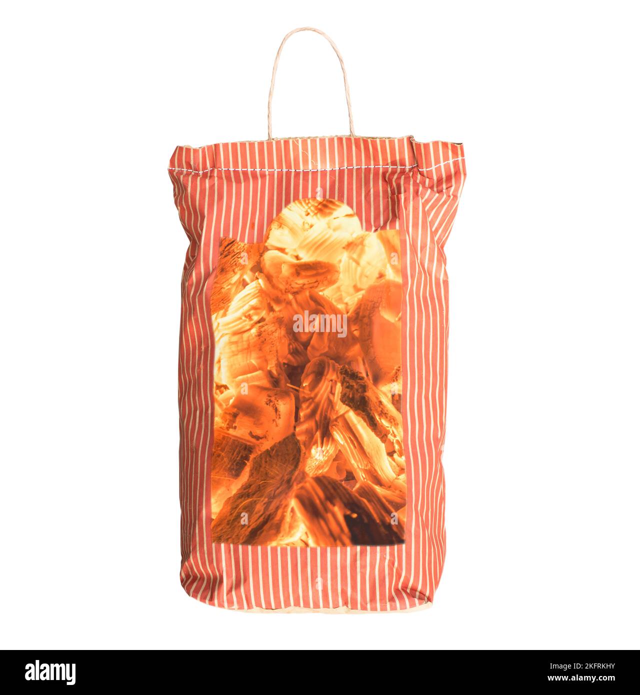 Charcoal in paper bag. Pack of BBQ coal pieces for fire and cooking with barbecue grill