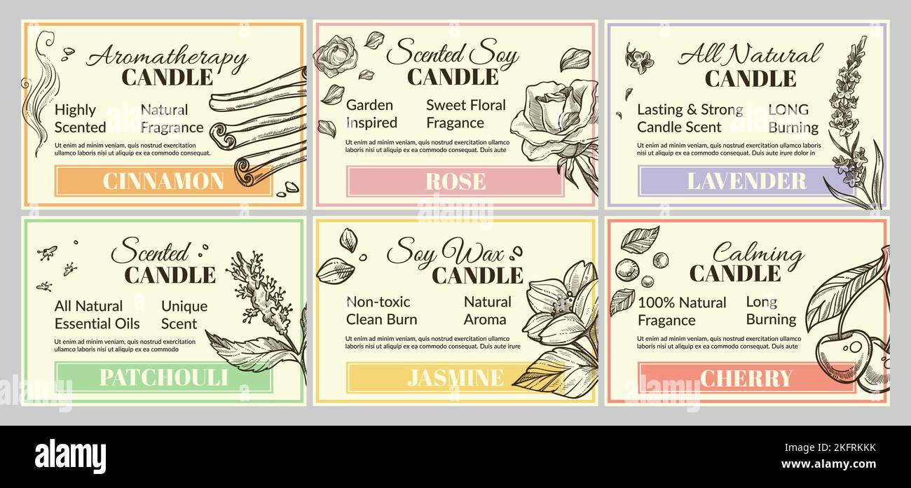 Scented candle packaging design, product label set Stock Vector Image