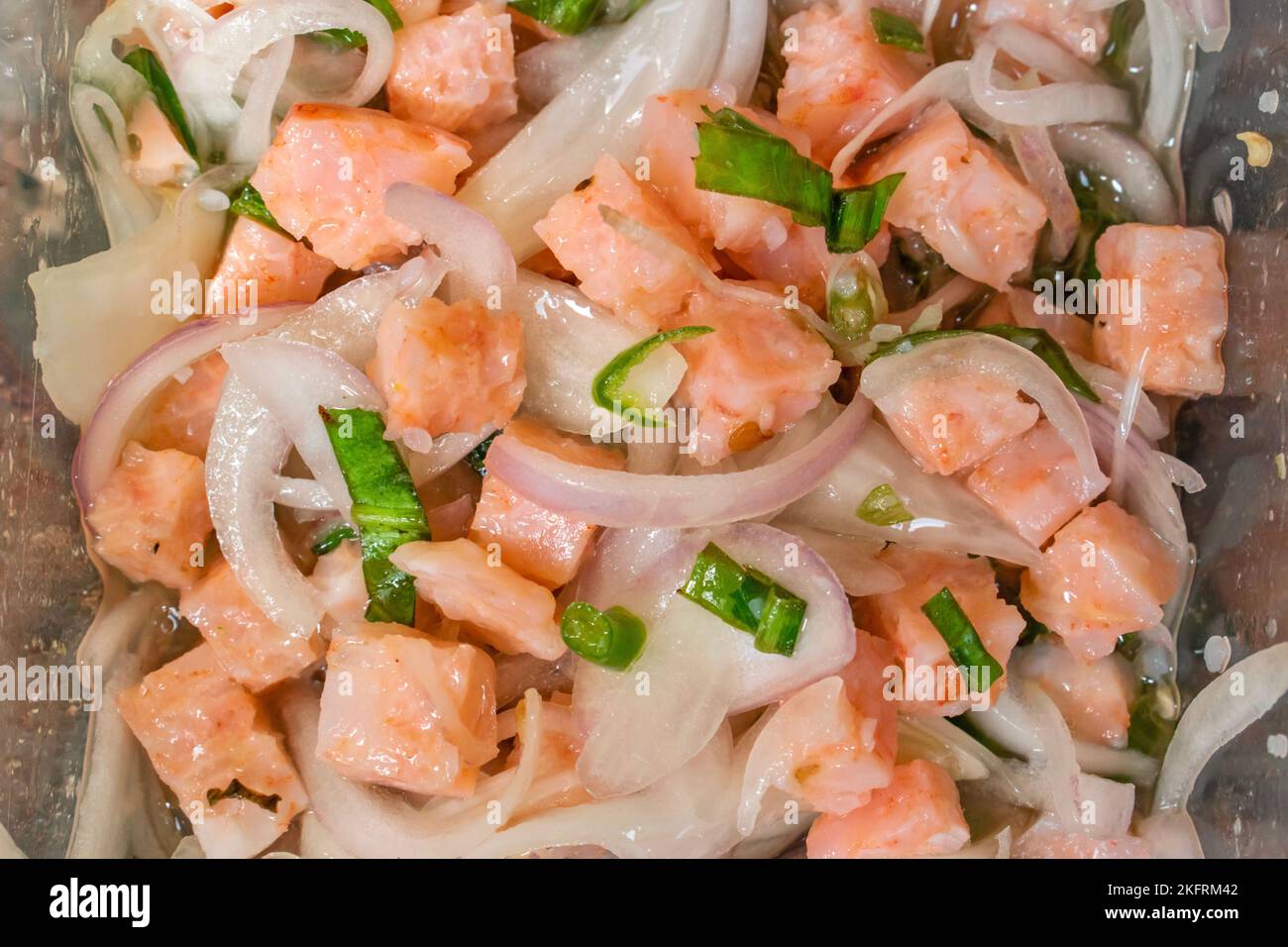 Burmese or Myanmar style pickled shrimp salad recipe. Closeup view. Stock Photo