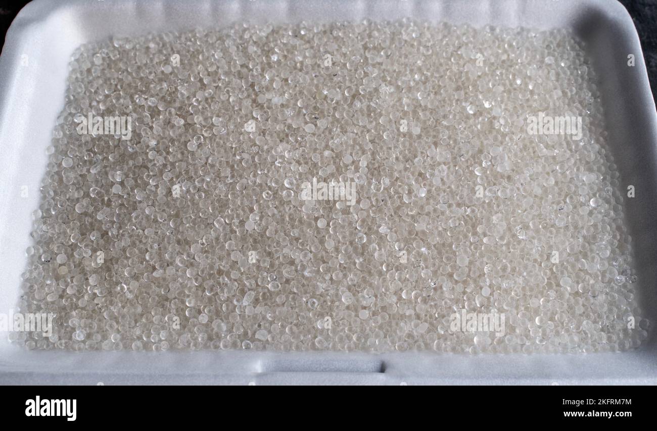 New silica gel crystals. It is a desiccant. It adsorbs and holds water vapor. Stock Photo