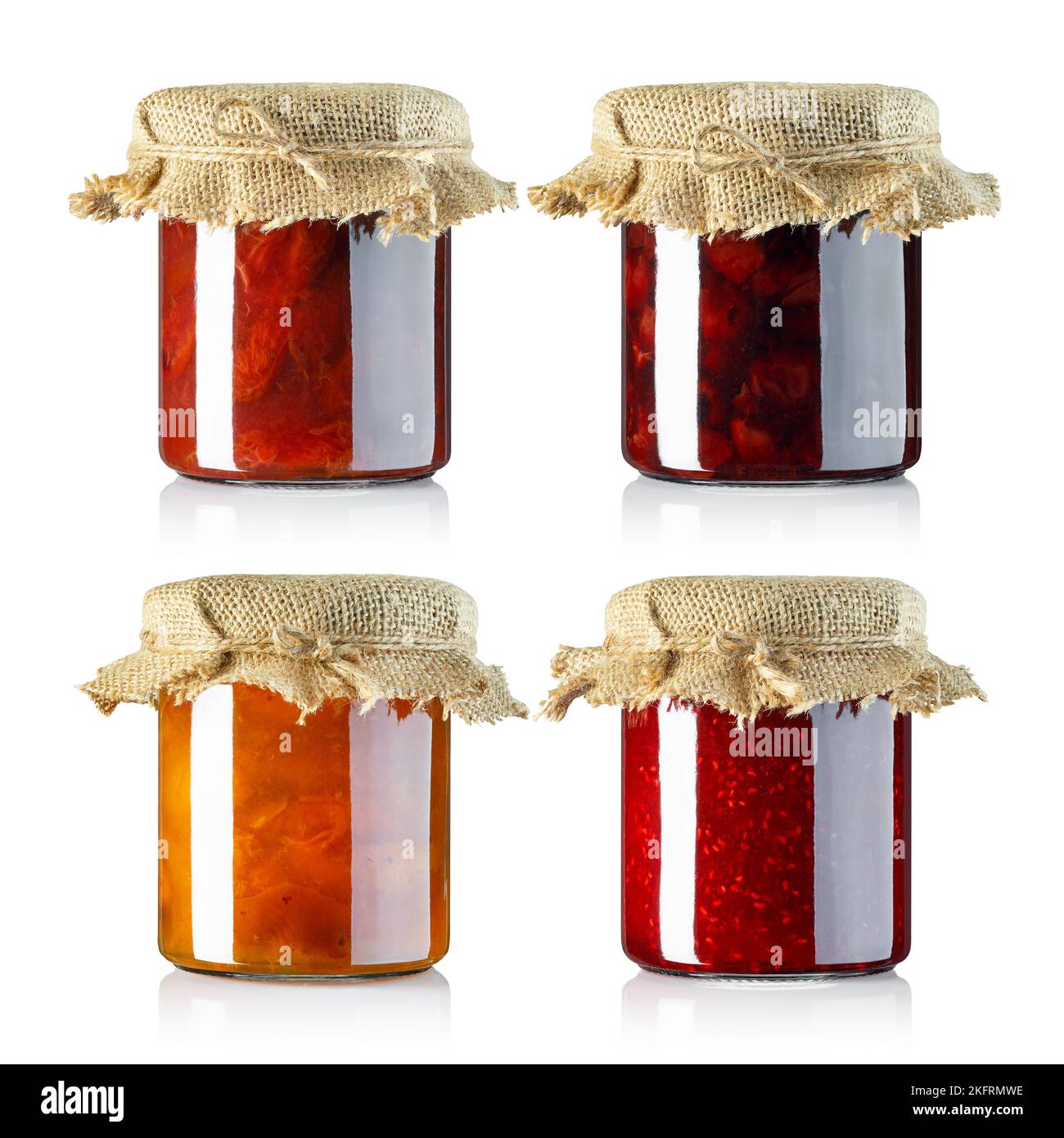 set of fruits jam in glass jars without labels covered with sackcloth isolated on white Stock Photo