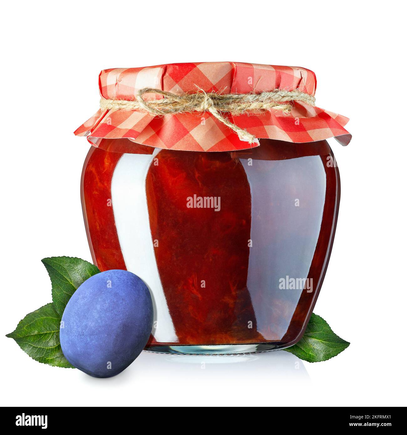 homemade plum jam in glass jar covered with paper isolated on white Stock Photo