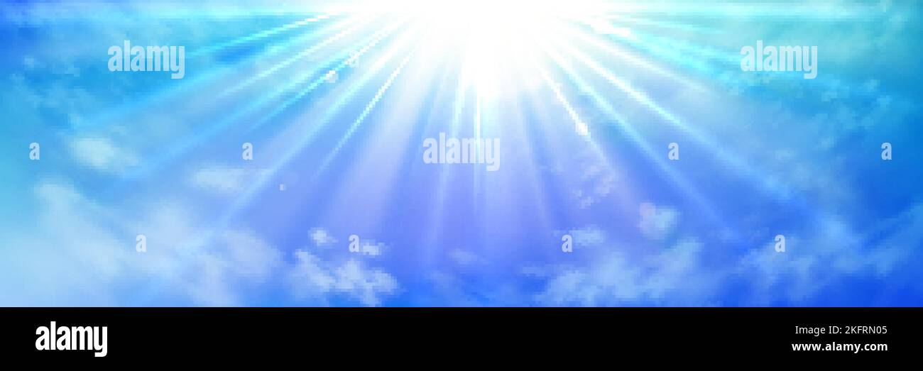 Heaven with sun light rays or beams bursting from clouds in blue sky