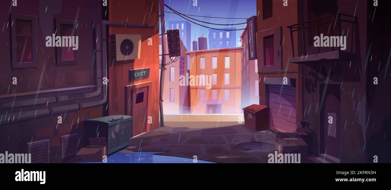 Rain at dark city corner, dirty nook puddles, back exit door, litter bins and scatter garbage, narrow backstreet with old buildings and view on rainy Stock Vector
