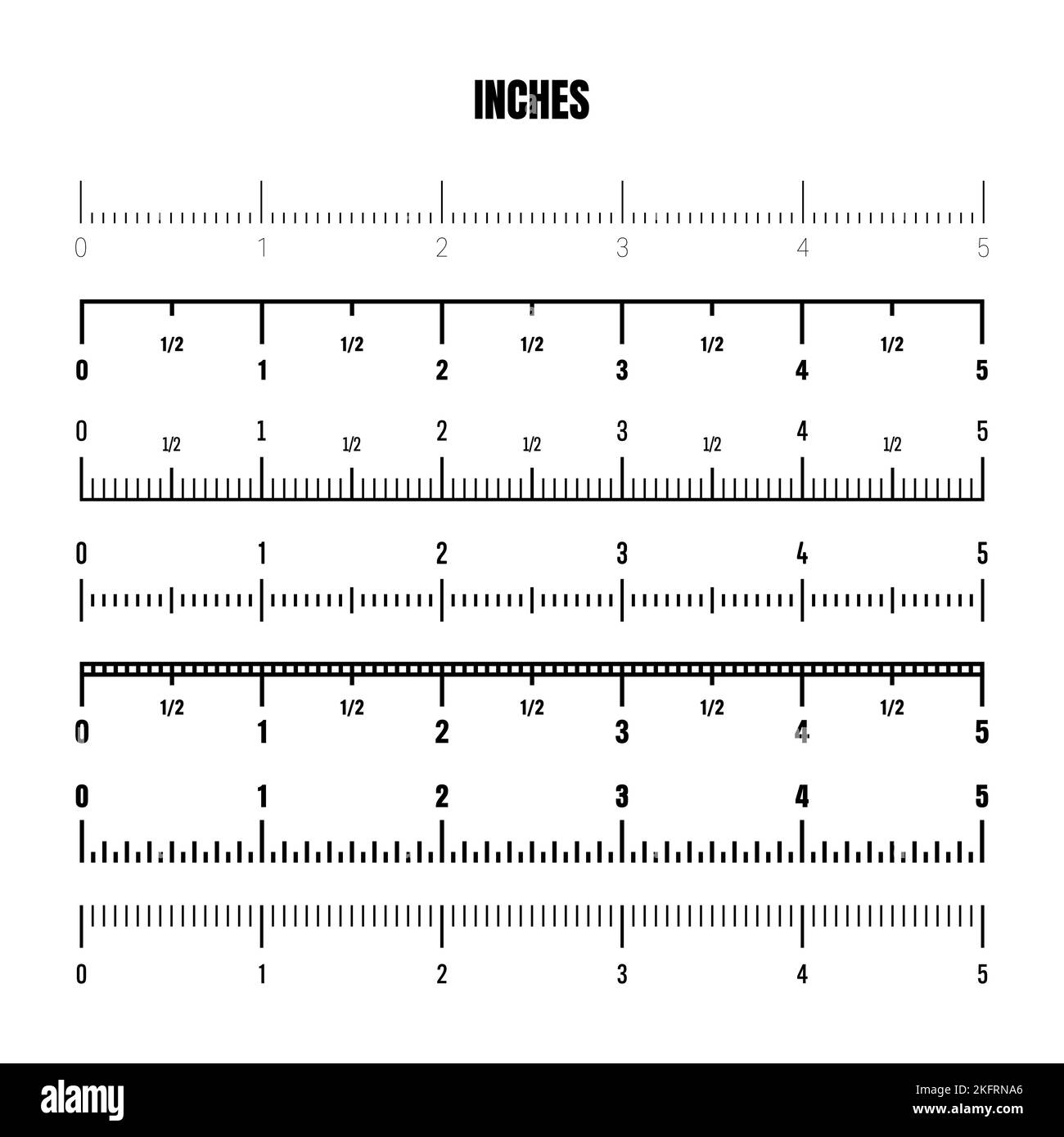 Realistic black inch scale for measuring length or height. Various