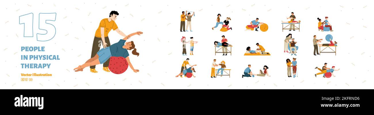 Physical therapy, rehab isolated set. People applying rehabilitation. Therapist work with disabled patients recuperate activity during physio procedur Stock Vector