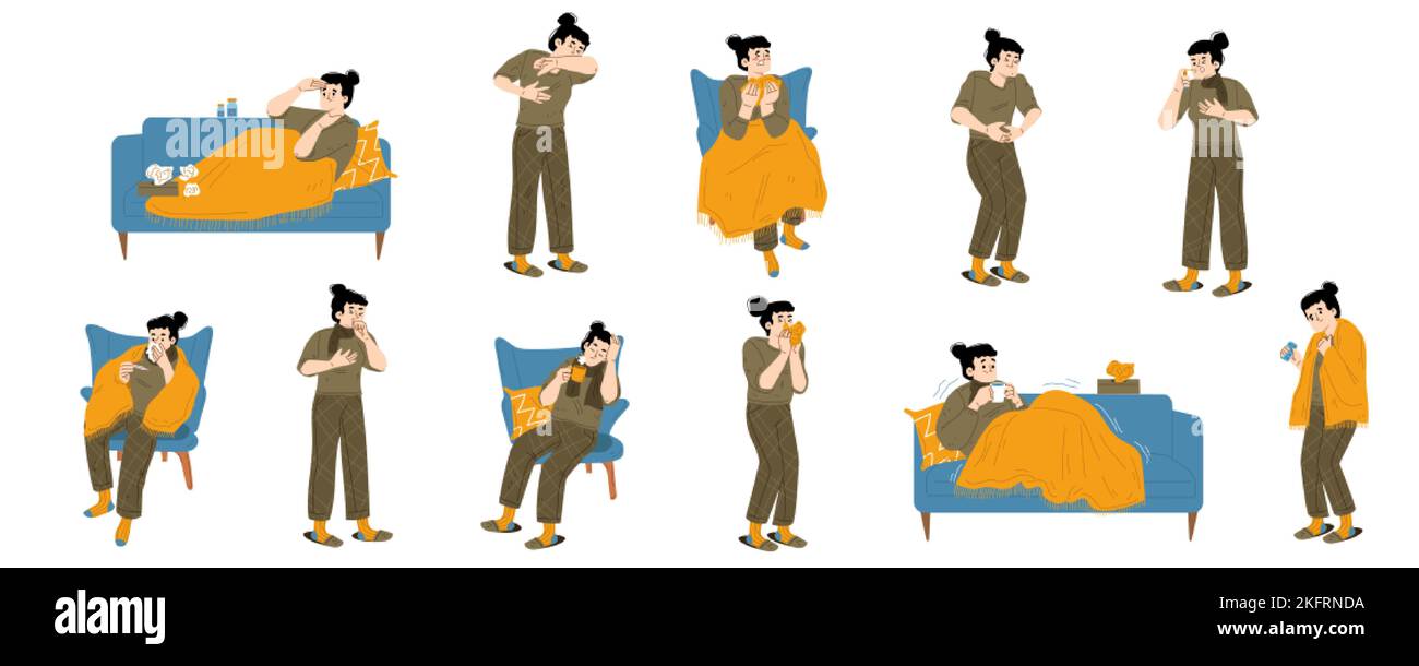 Sick woman, person with flu symptoms. Diseased female character cough