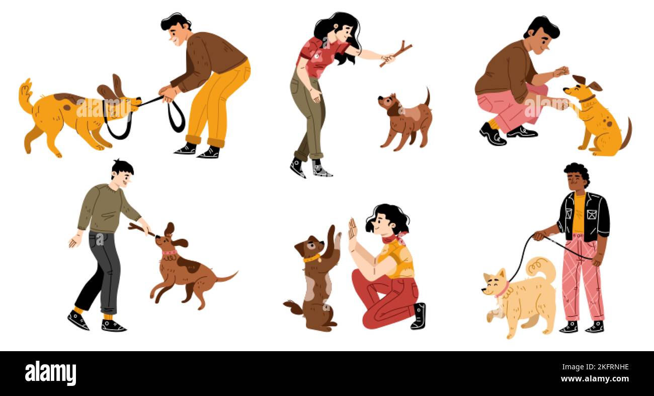 Happy people playing with dogs and smiling, flat vector illustration set isolated on white background. Male and female characters having fun, training Stock Vector