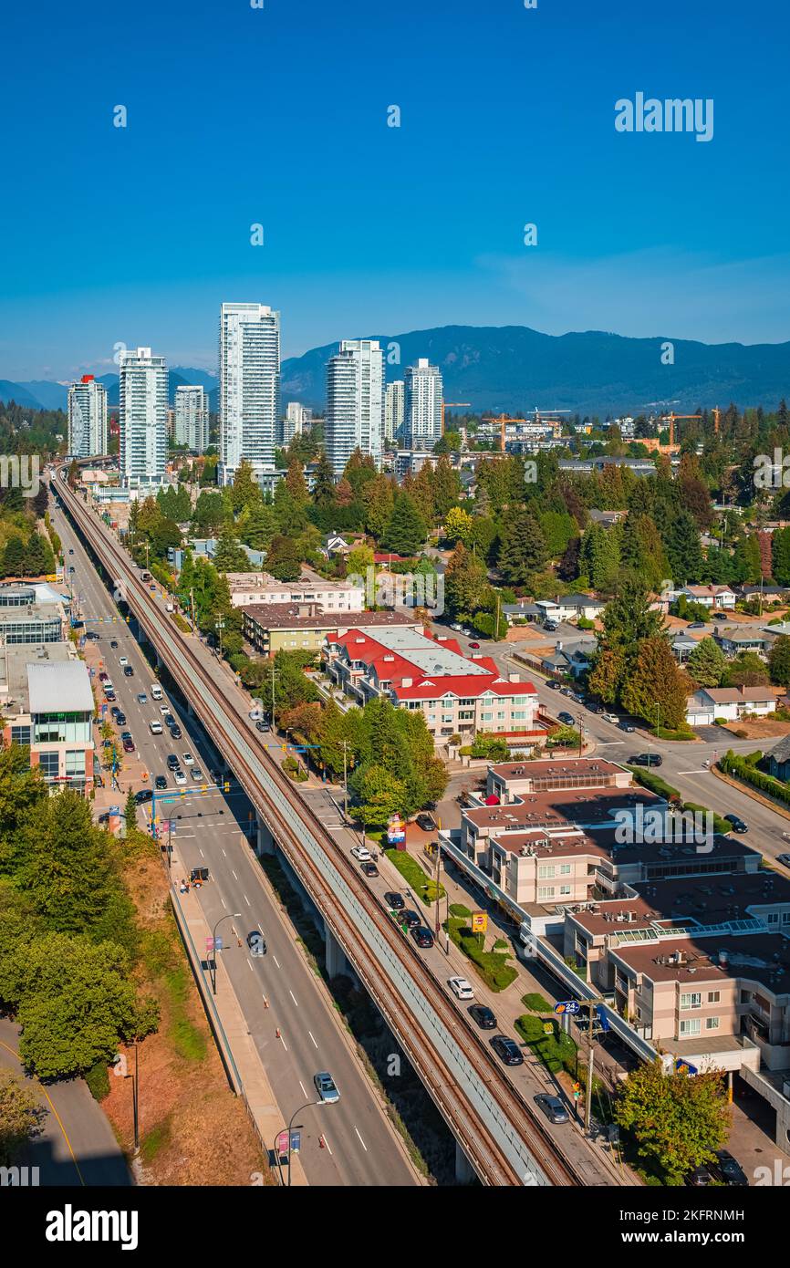 Aerial view of Coquitlam skyline and residential apartment buildings. Taken in Greater Vancouver, British Columbia, Canada. Travel photo, nobody-Octob Stock Photo