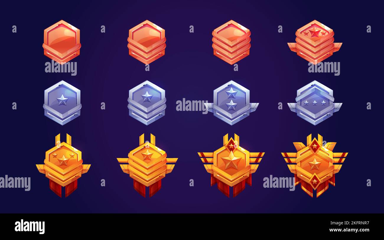 Game rank icons, bronze, silver and gold level badges evolution