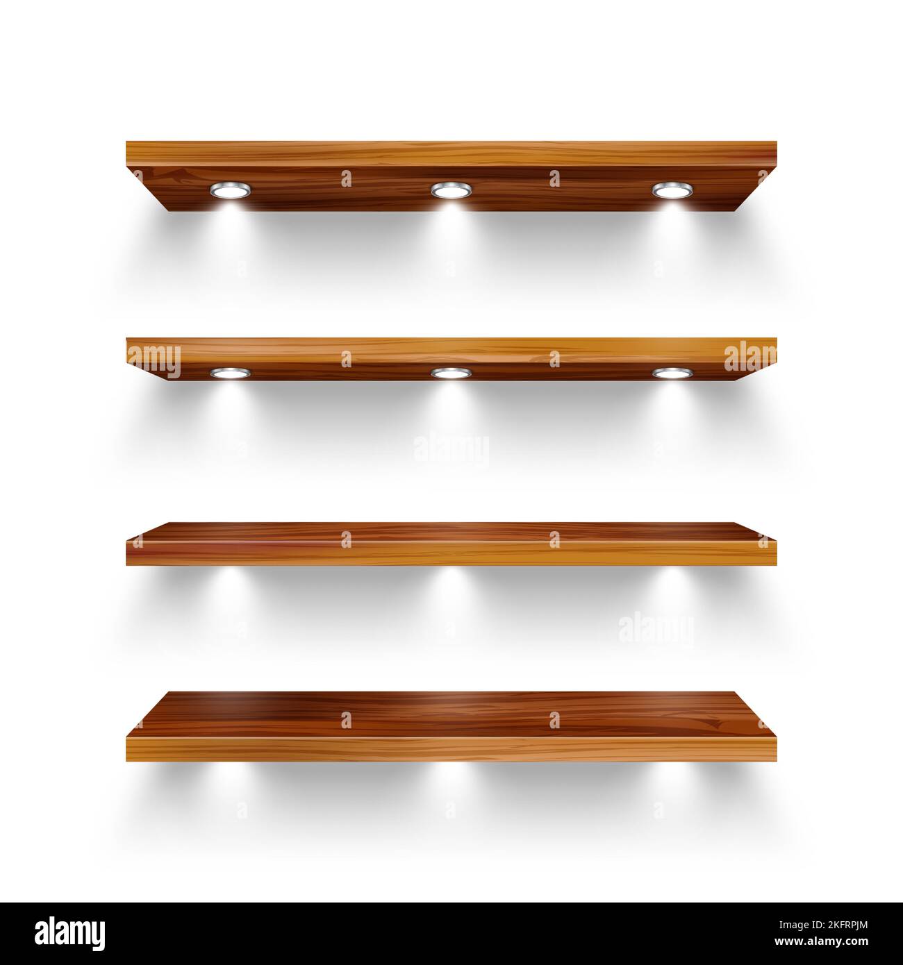 Realistic wooden store shelves with lighting, spotlights. Empty product