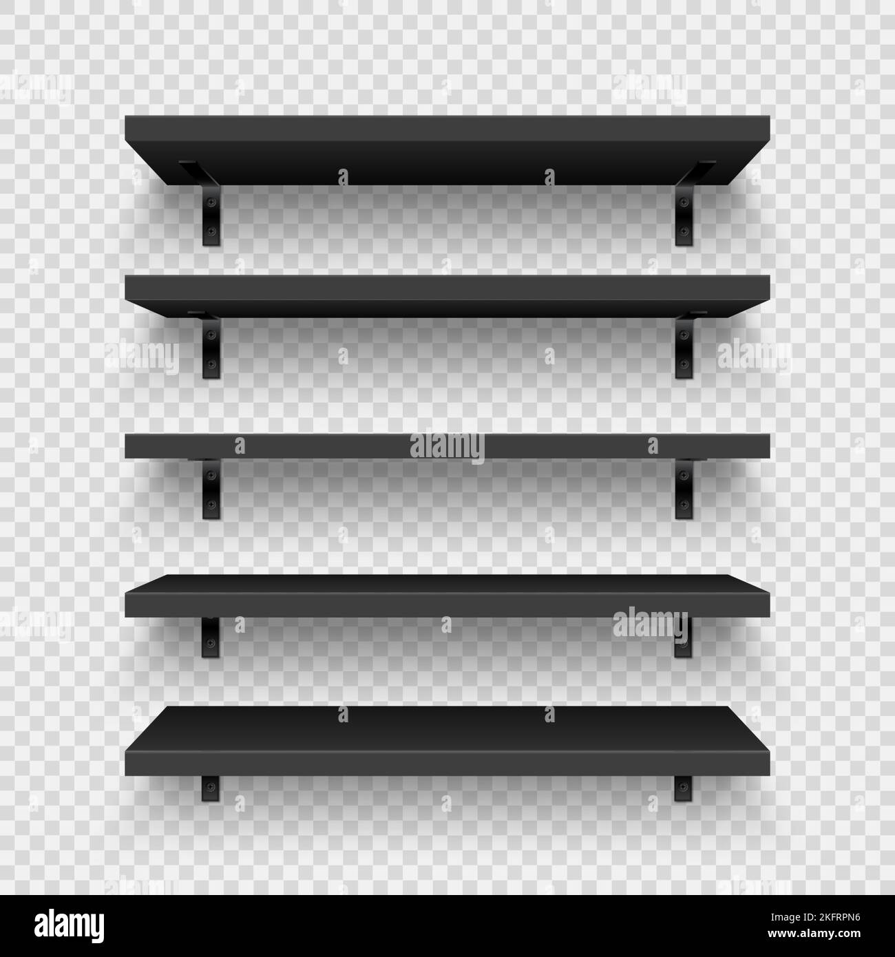 Realistic black store shelves with wall mount. Empty product shelf