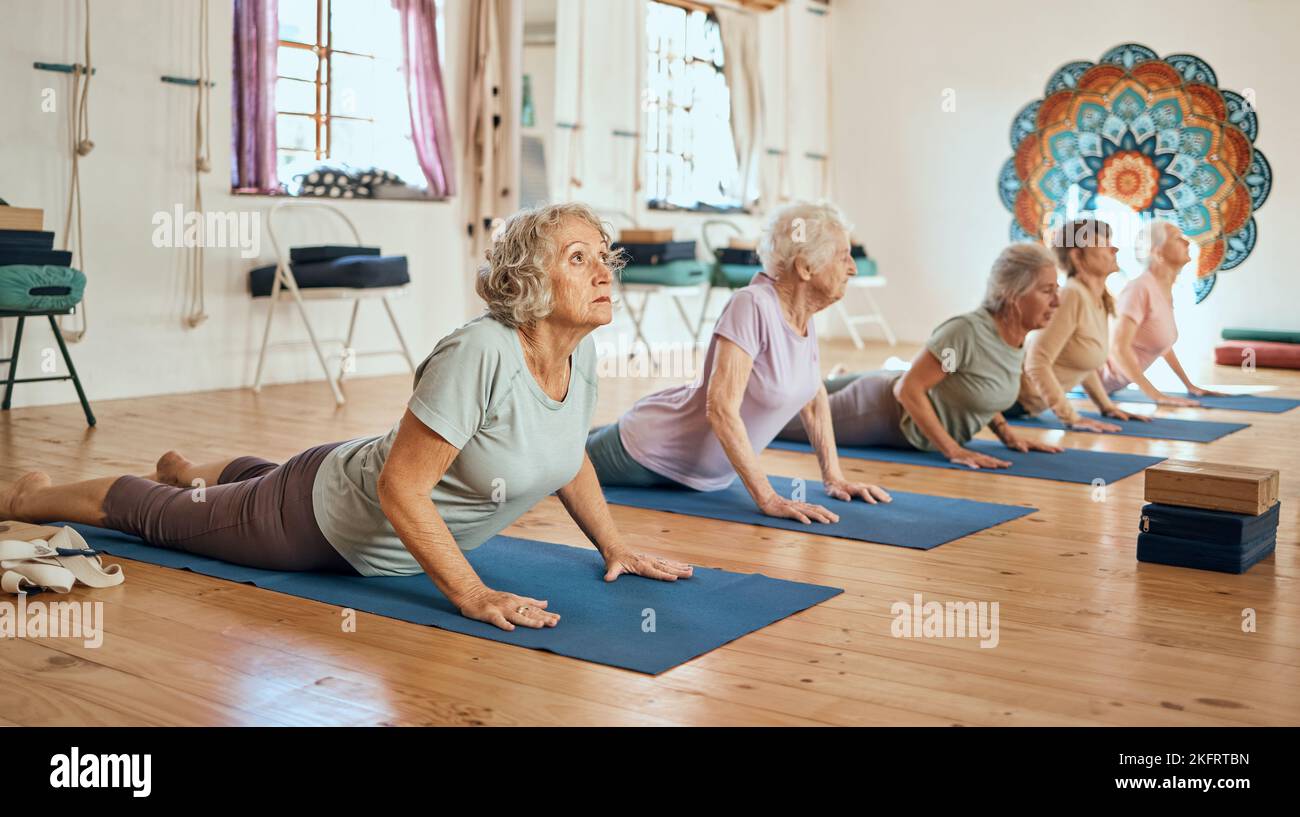 Yoga, exercise and elderly women stretching for balance, peace and wellness in zen studio